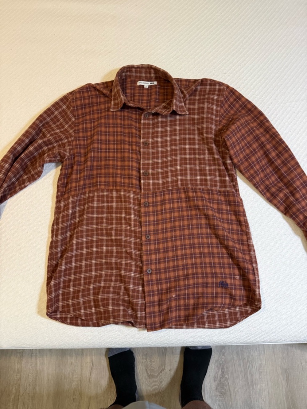 JW ANDERSON Rust Plaid Button-Down Shirt with Blue Accents
